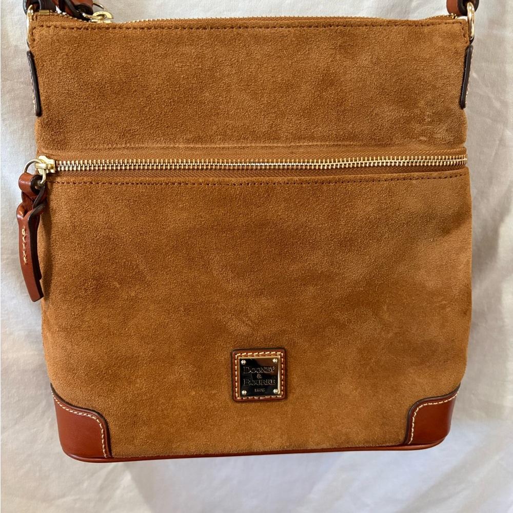 Dooney & Bourke Tan Suede Crossbody Bag with Leather Trim Very good condition.